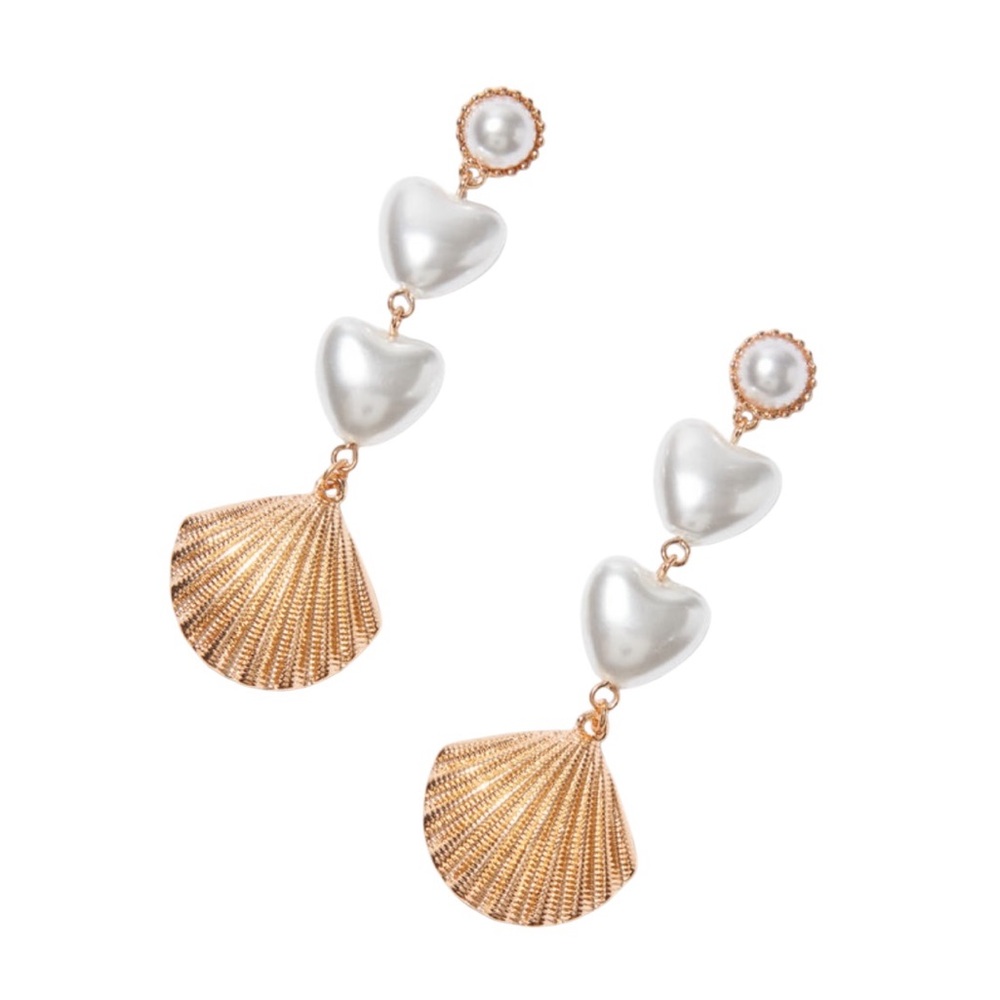 HEART PEARL & GOLD-TONE SEASHELL 3" DROP EARRINGS